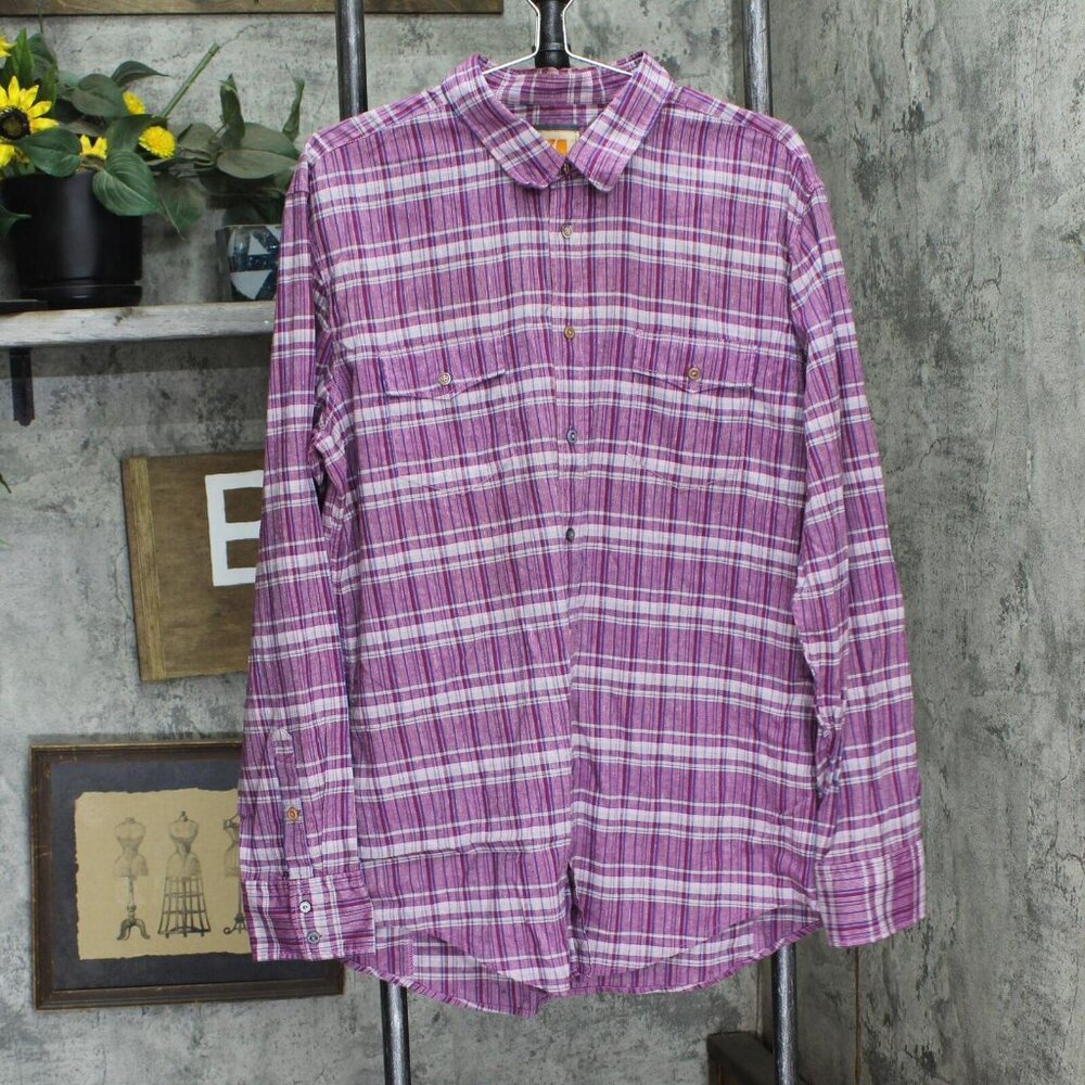 BOSS ORANGE Linen Blend Button Up Long Sleeve Check Shirt Top Purple Plaid 2XL